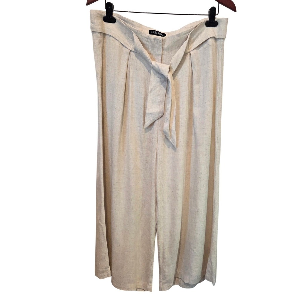 Stella Luce Beige Linen Blend Wide Leg Cropped Belted Pants XL SP7333